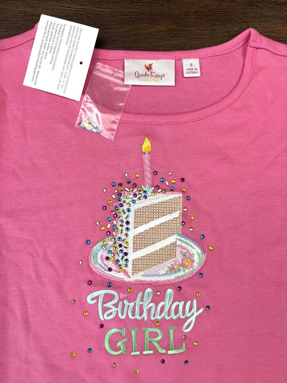 Quacker Factory Birthday Girl Shirt Womens Small Azalea Pink 3/4 Sleeve NWT